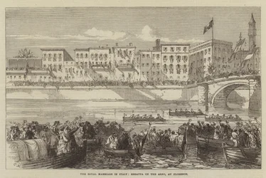 Het koninklijk huwelijk in Italië, regatta op de Arno, in Florence